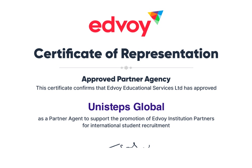 Certificate of Representation issued to UniSteps Global by Edvoy