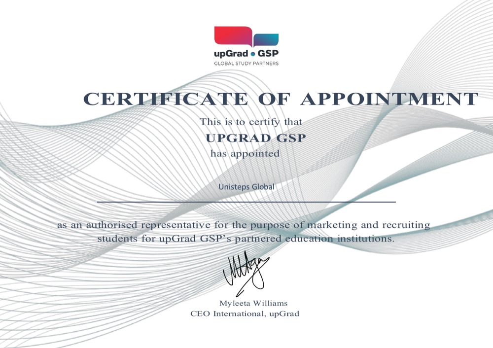 Certificate of Appointment issued to UniSteps Global by upGrad GSP